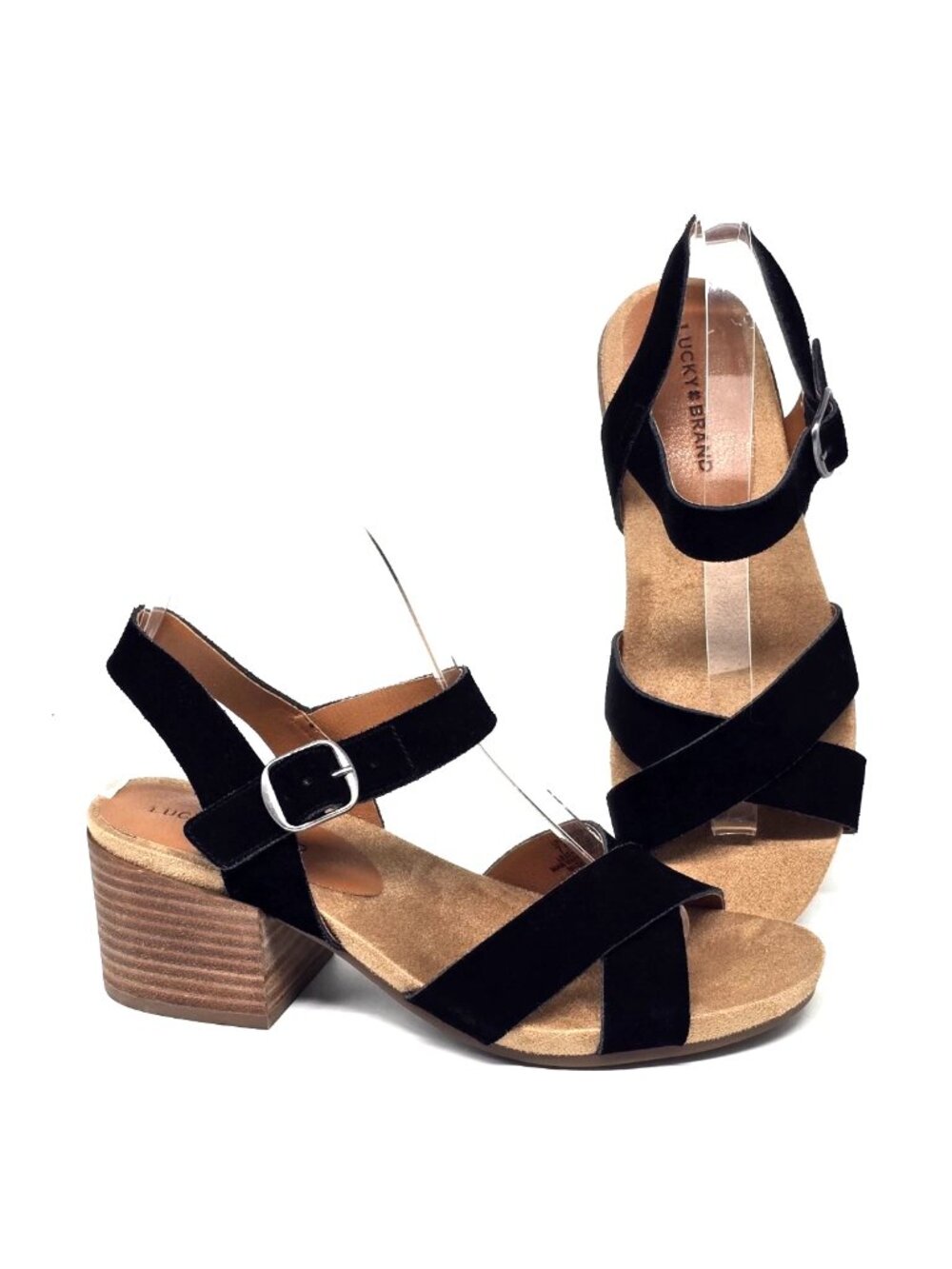 Lucky Brand Black Suede Payton Wooden Block Heel Strappy Sandals Women's 7.5 M